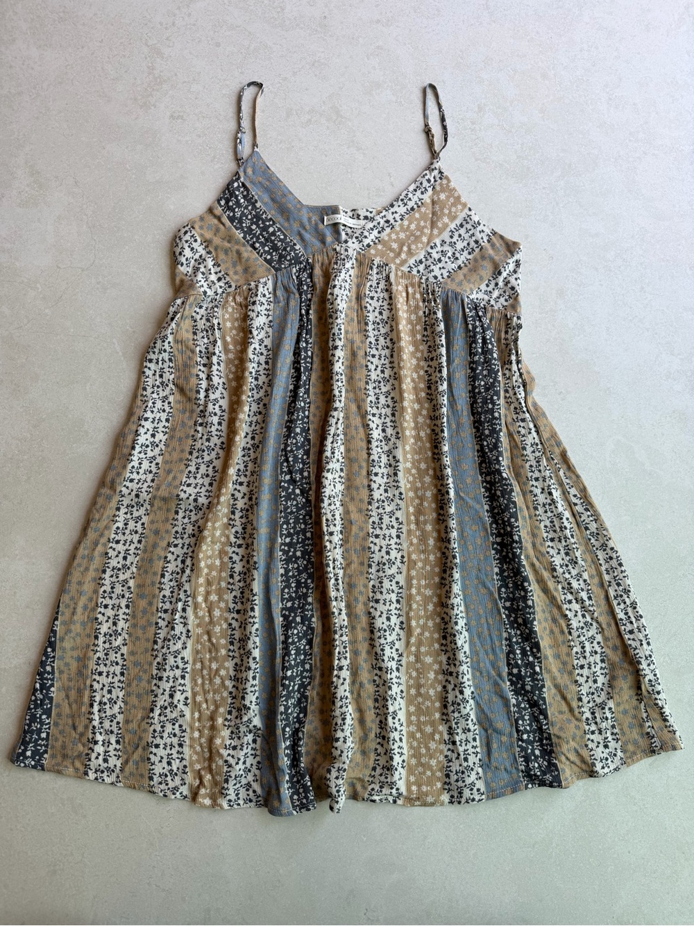 Bohemian Stripe Floral Spaghetti Strap Dress in Tan & Blue